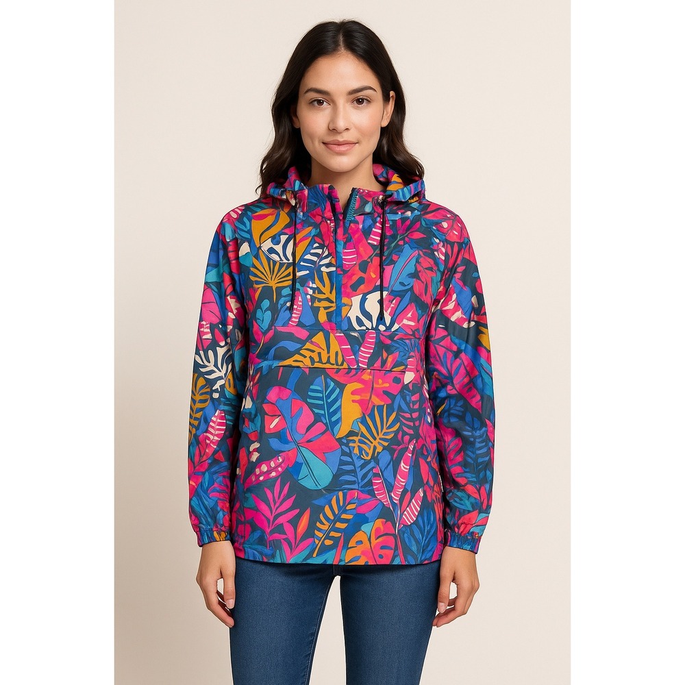 Lauren James Tropical Leaf Print Anorak‎ Jacket Hooded Pullover Women's Size L